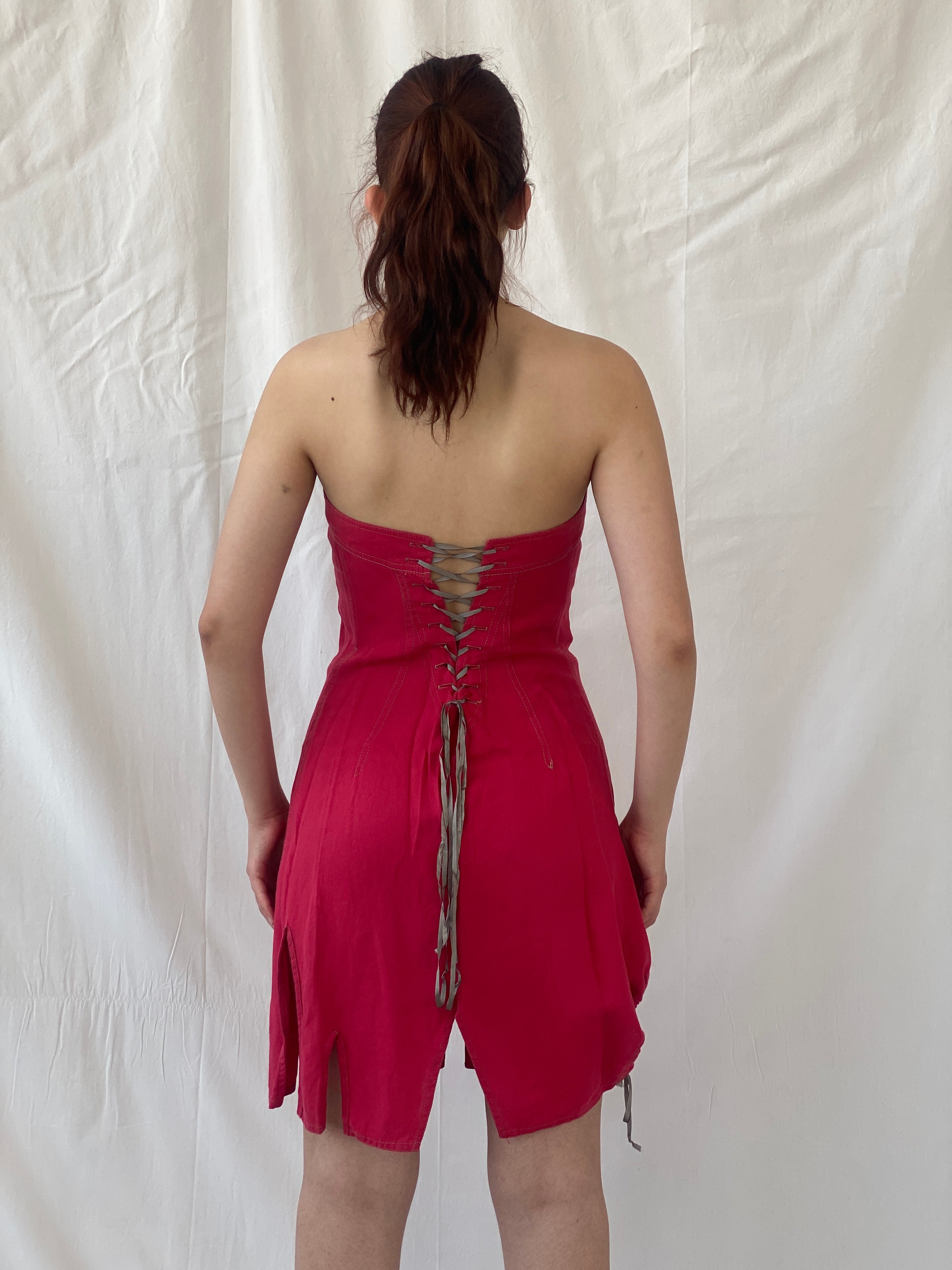 Vintage French Archival Femmes Je Vous Red Zip Up Bodycon Mini Linen Dress - S