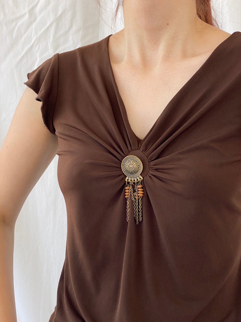 Vintage Y2K Versailles Brown Half Sleeve V-Neck Women’s Top - S