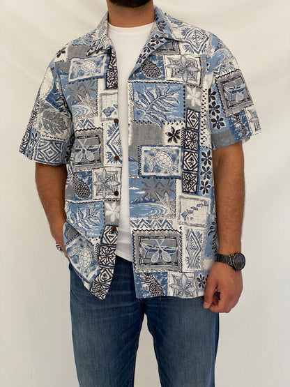 Vintage 90s RJC Blue Tropical Patchwork Hawaiian Camp Shirt - 2XL