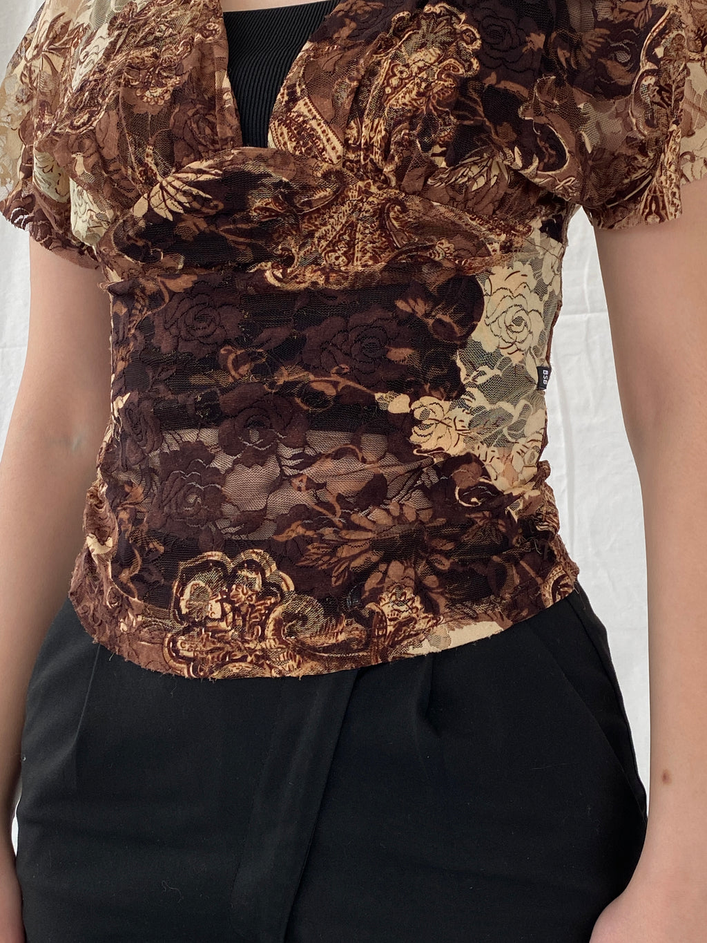 Vintage Y2K BSB Collection Brown Floral Lace V-Neck Women’s Top - S