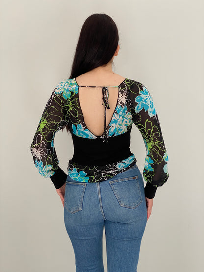 Vintage Y2K Co-me Como Black Floral Sheer Wrap Tie Top - M