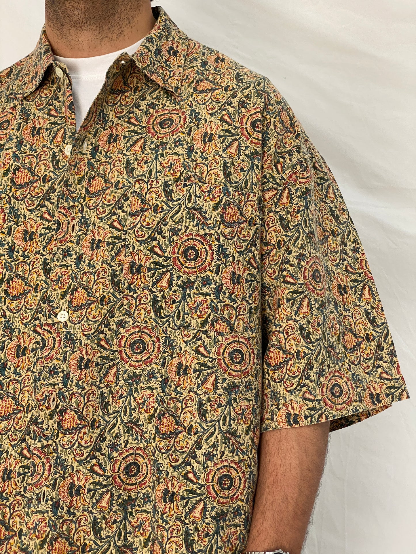 Vintage 90s Britches Floral Linen Cotton Blend Shirt Beige Botanical Button Up – XL
