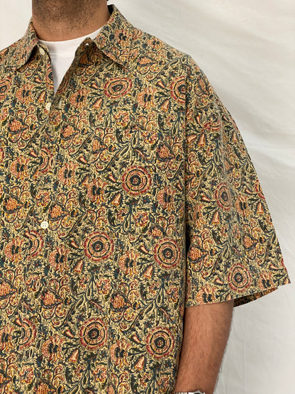 Vintage 90s Britches Floral Linen Cotton Blend Shirt Beige Botanical Button Up – XL