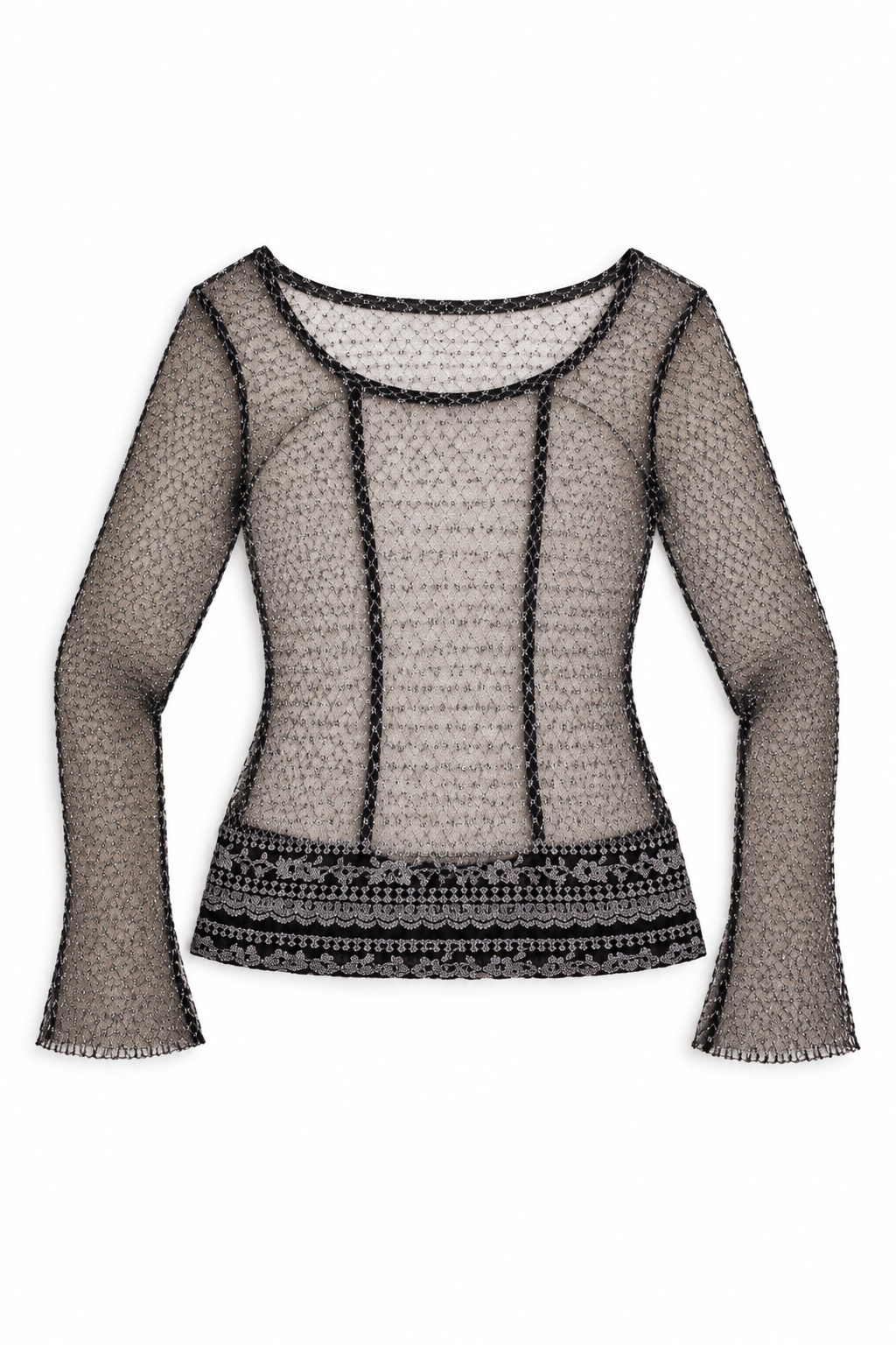 Vintage Y2K Black & Silver Metallic Crochet Mesh Sheer Grunge Top – S