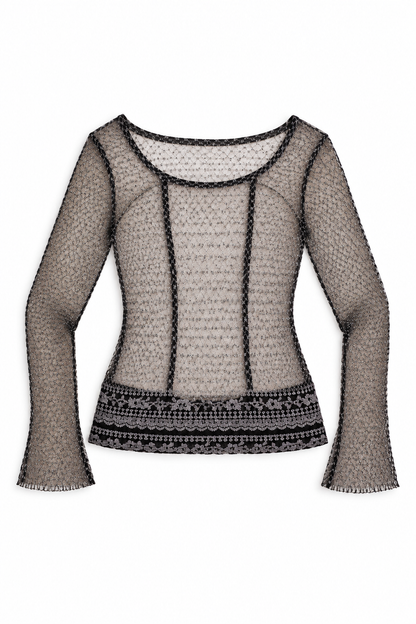Vintage Y2K Black & Silver Metallic Crochet Mesh Sheer Grunge Top – S