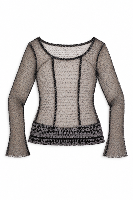Vintage Y2K Black & Silver Metallic Crochet Mesh Sheer Grunge Top – S