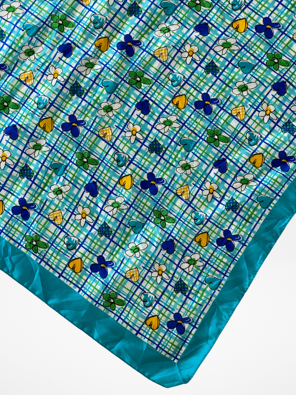 Y2K Summery Blue Square Scarf With floral heart illustrations