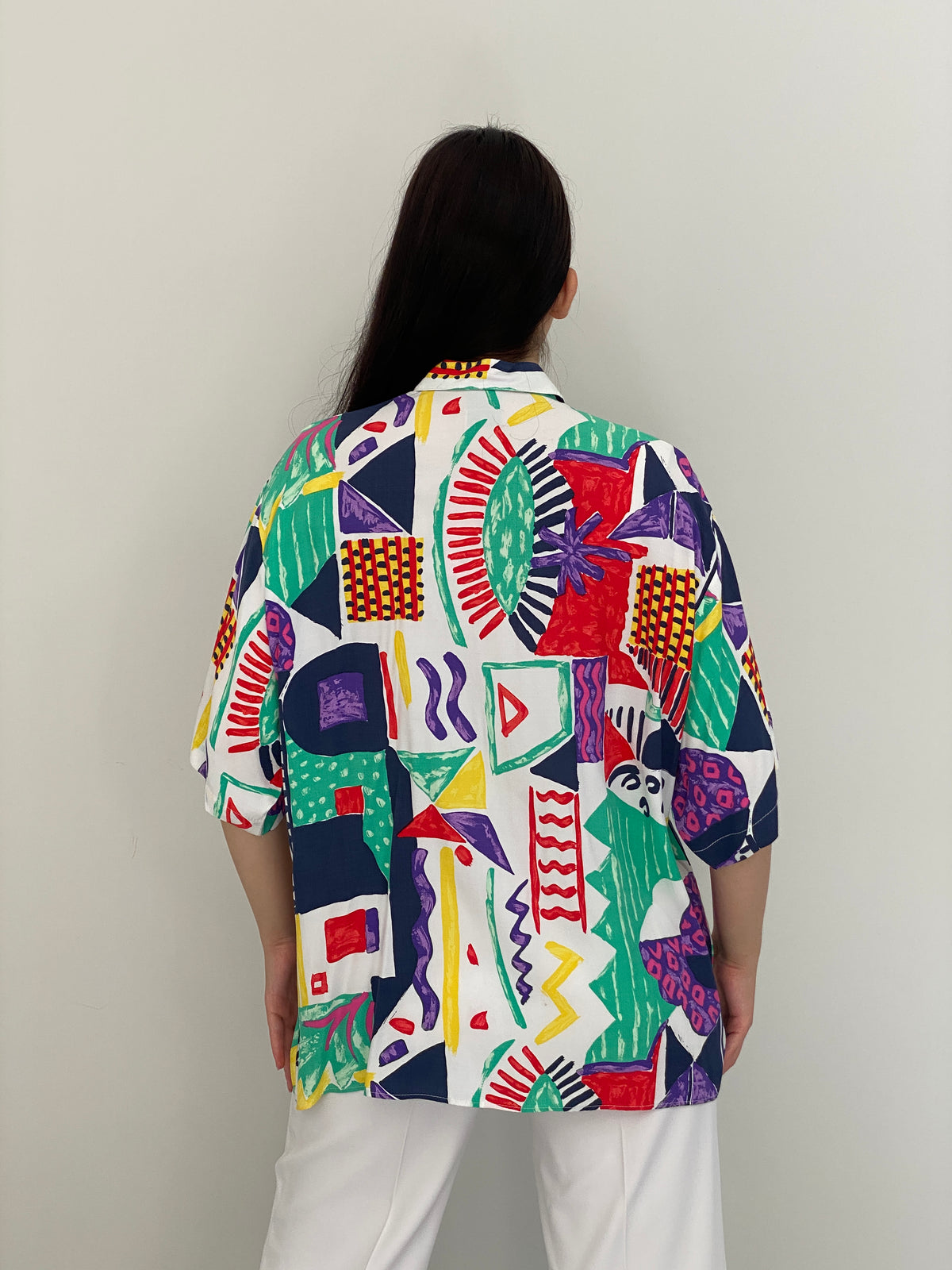 Vintage 90s Canda White Multicolor Abstract Art Print Oversized Shirt – XL