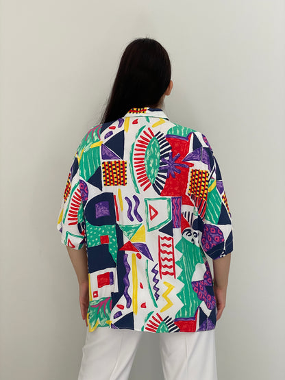 Vintage 90s Canda White Multicolor Abstract Art Print Oversized Shirt – XL
