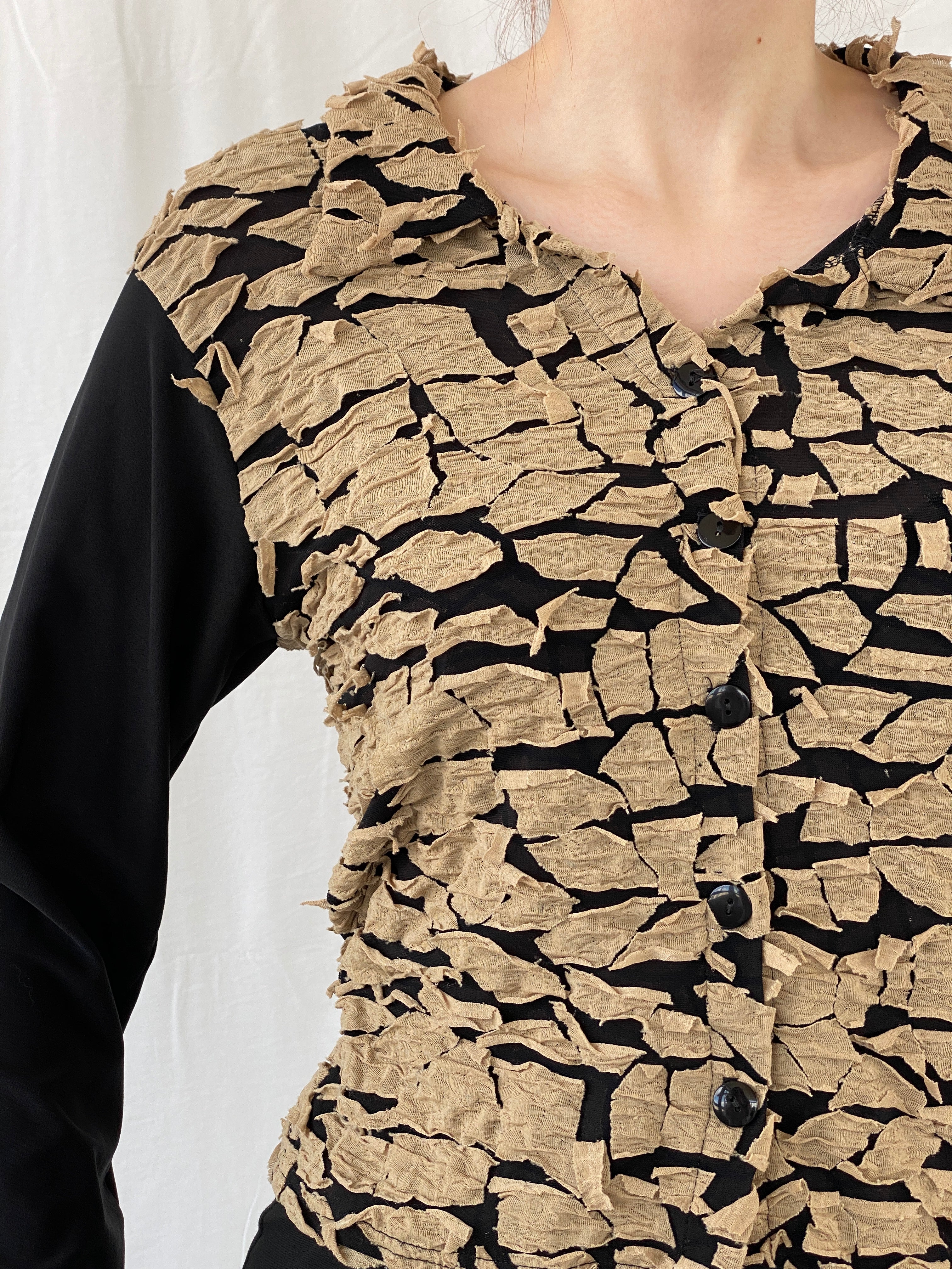 Vintage Y2K INTOWN Full Sleeve Button Up Black & Beige Women’s Shirt - L