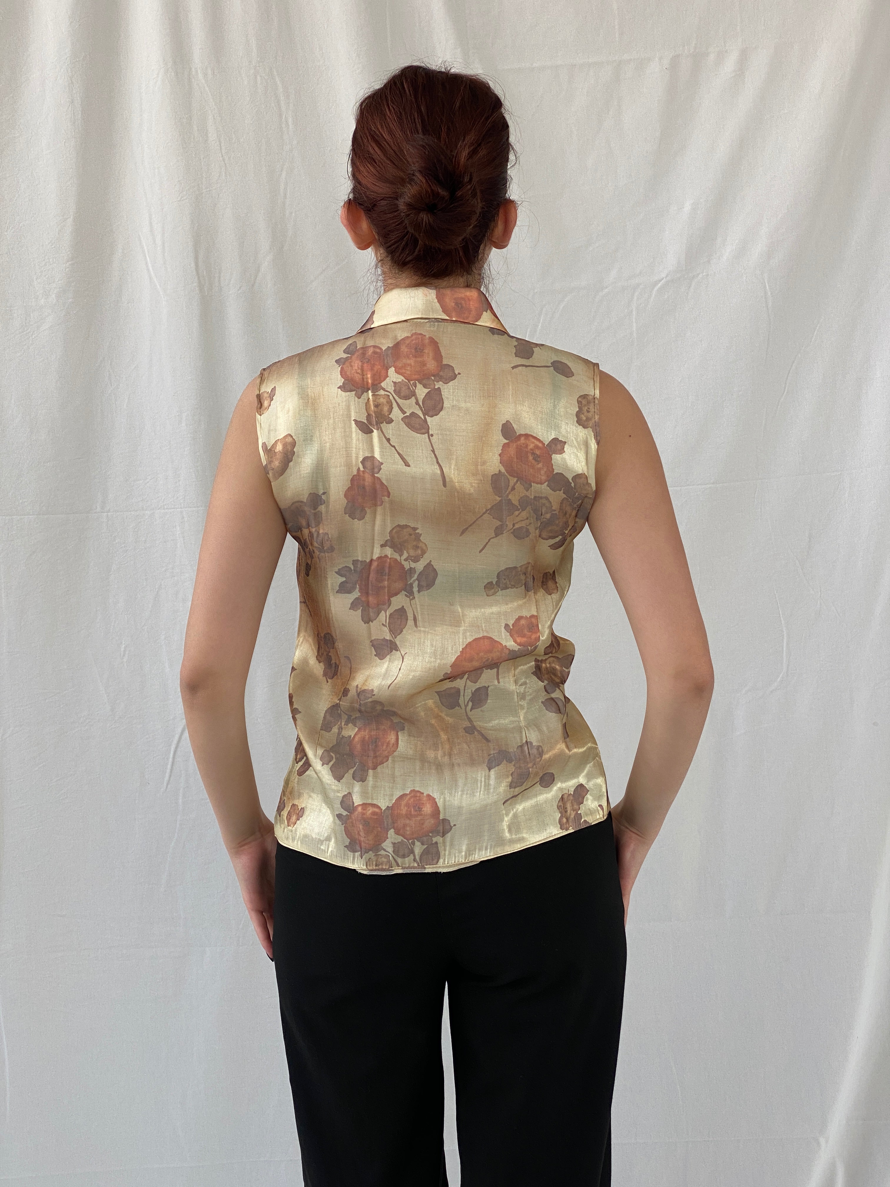 Vintage Shimmery Gold Women’s Buttoned Floral Sleeveless Shirt - M