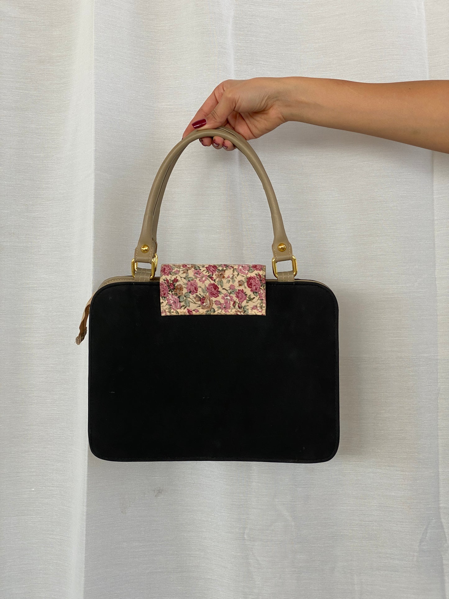 Black Canvas Beige Leather Handles Floral Closure Handbag