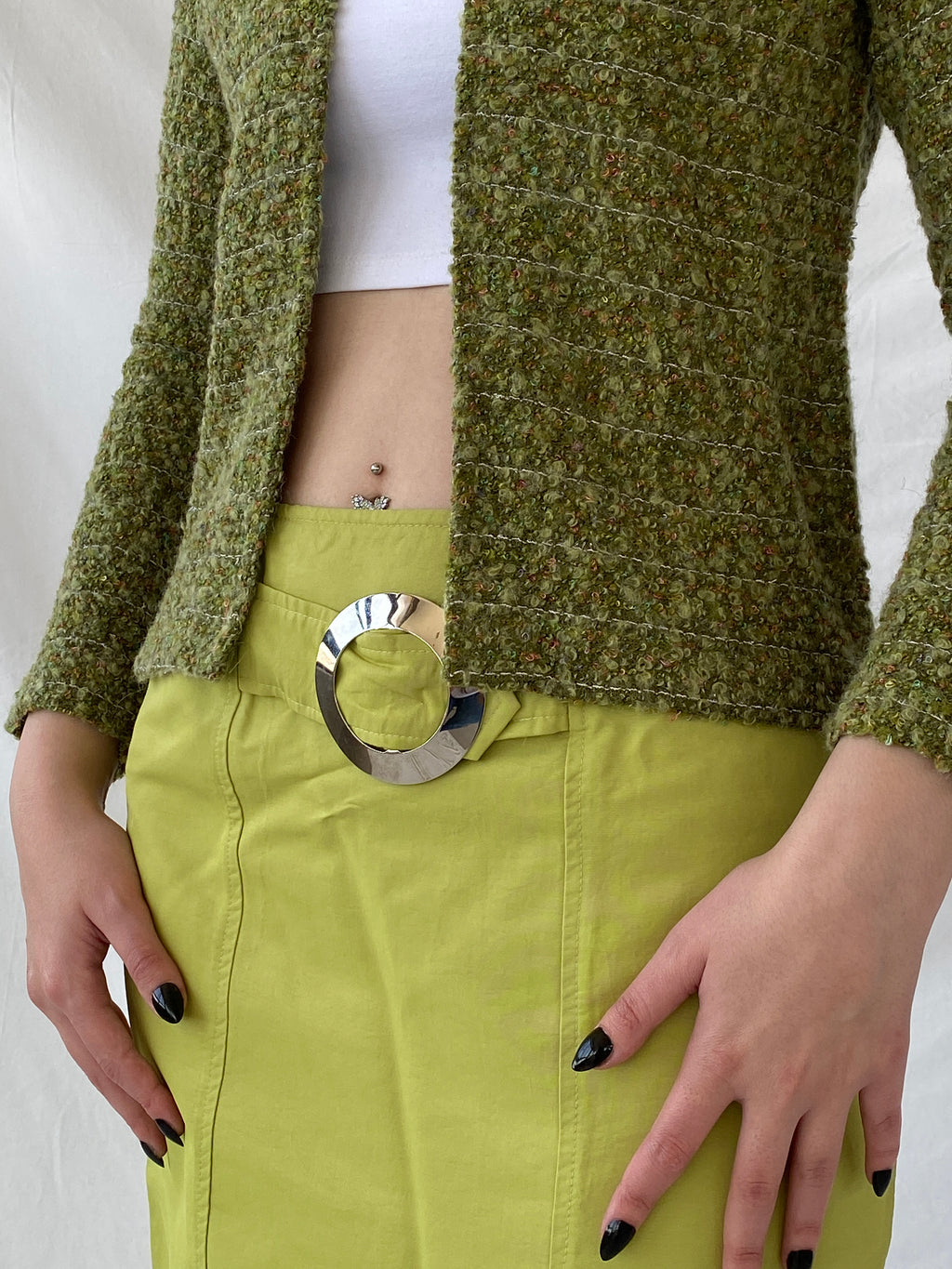 Y2K Queence Green Tweed Fur Collar Textured Women’s Cardigan - XS