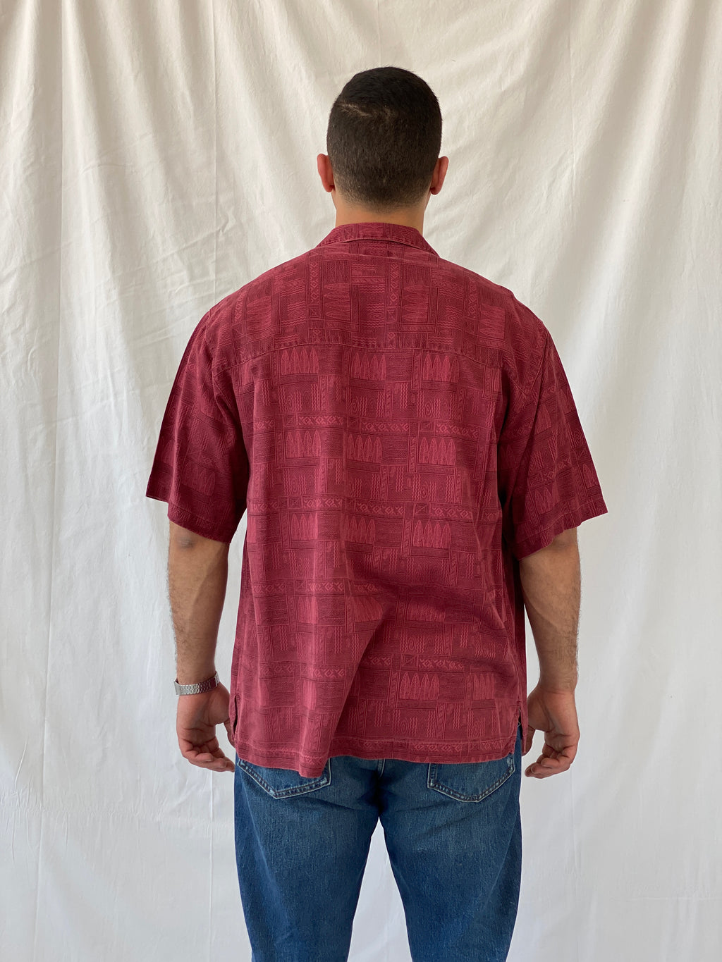 Vintage St. John’s Bay Men’s Short Sleeve Burgundy Hawaiian Silk Shirt - L