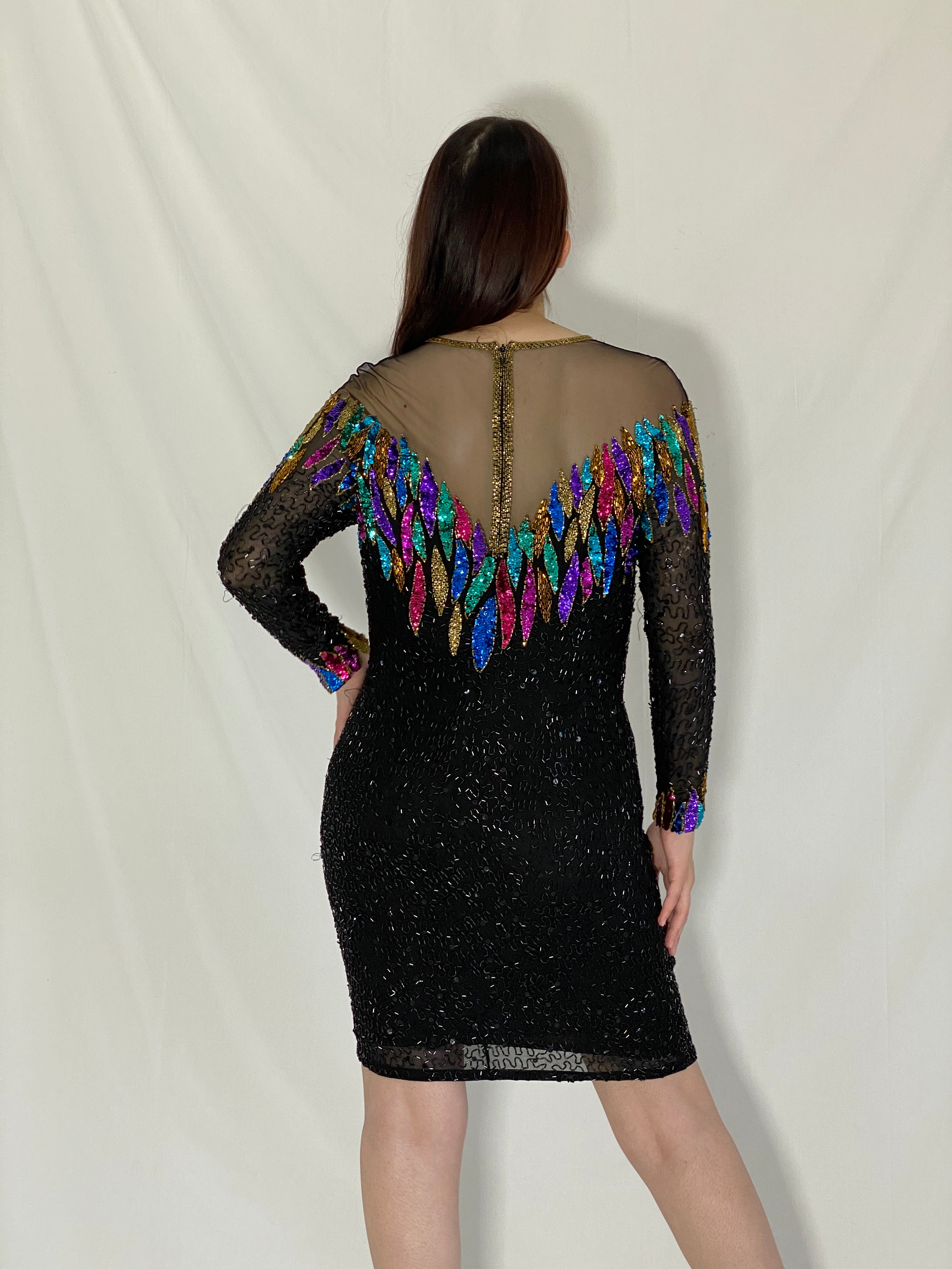 Rare Vintage 80s/90s NITE Line Beaded Silk Heavy Party Dress - M