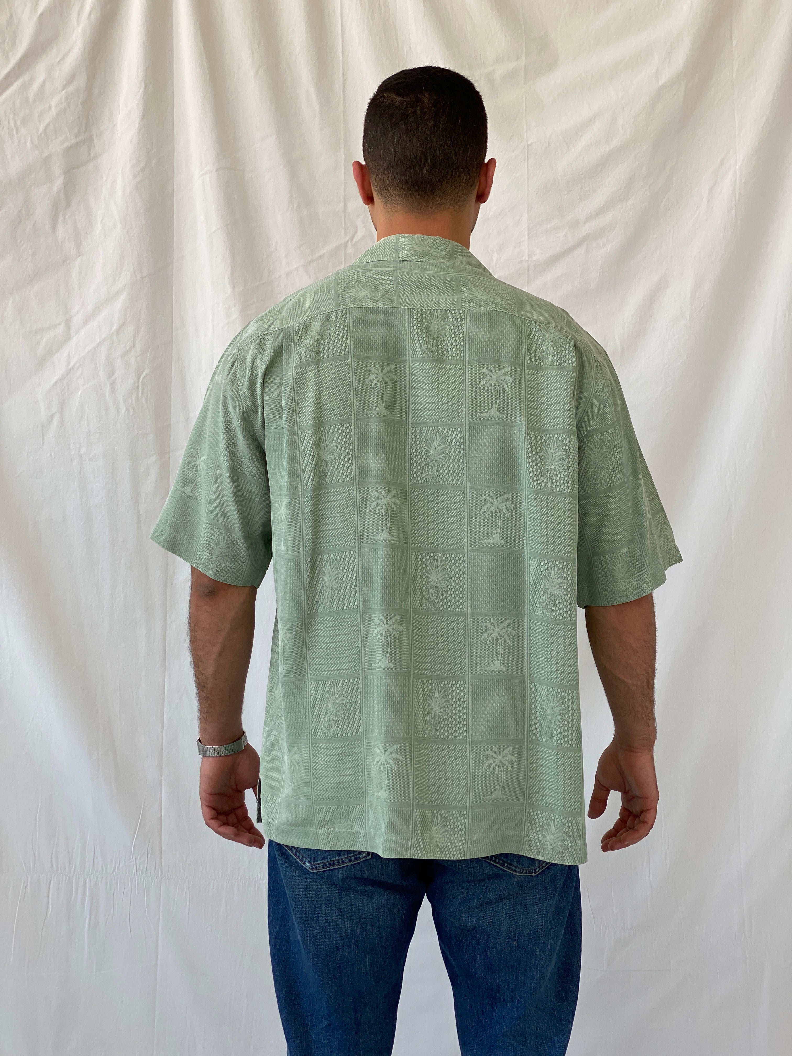Vintage Jamaica Jaxx Mint Green Short Sleeve Button Up Men’s Hawaiian Silk Shirt - M