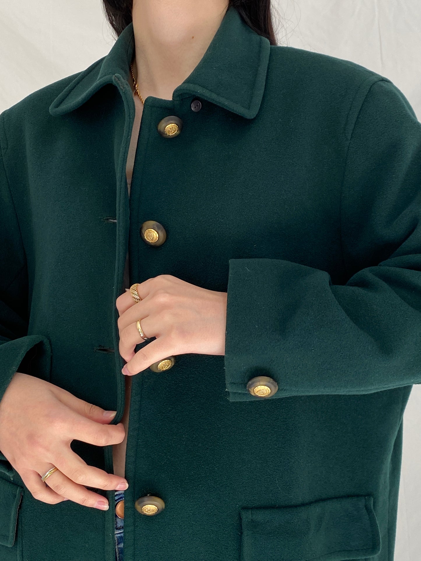 Vintage Viyella Green Wool Coat 90s Classic Tailored Wool Jacket, Minimalist Heritage Coat - L