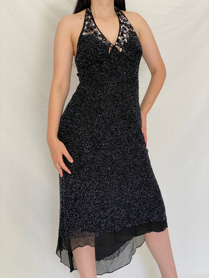 Vintage PAPÉLL BOUTIQUE Black Silk Beaded Halter Evening Dress – S