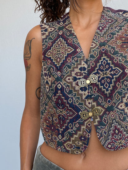 Vintage 90s LILA & LORI New York Tapestry Cropped Statement Vest – M