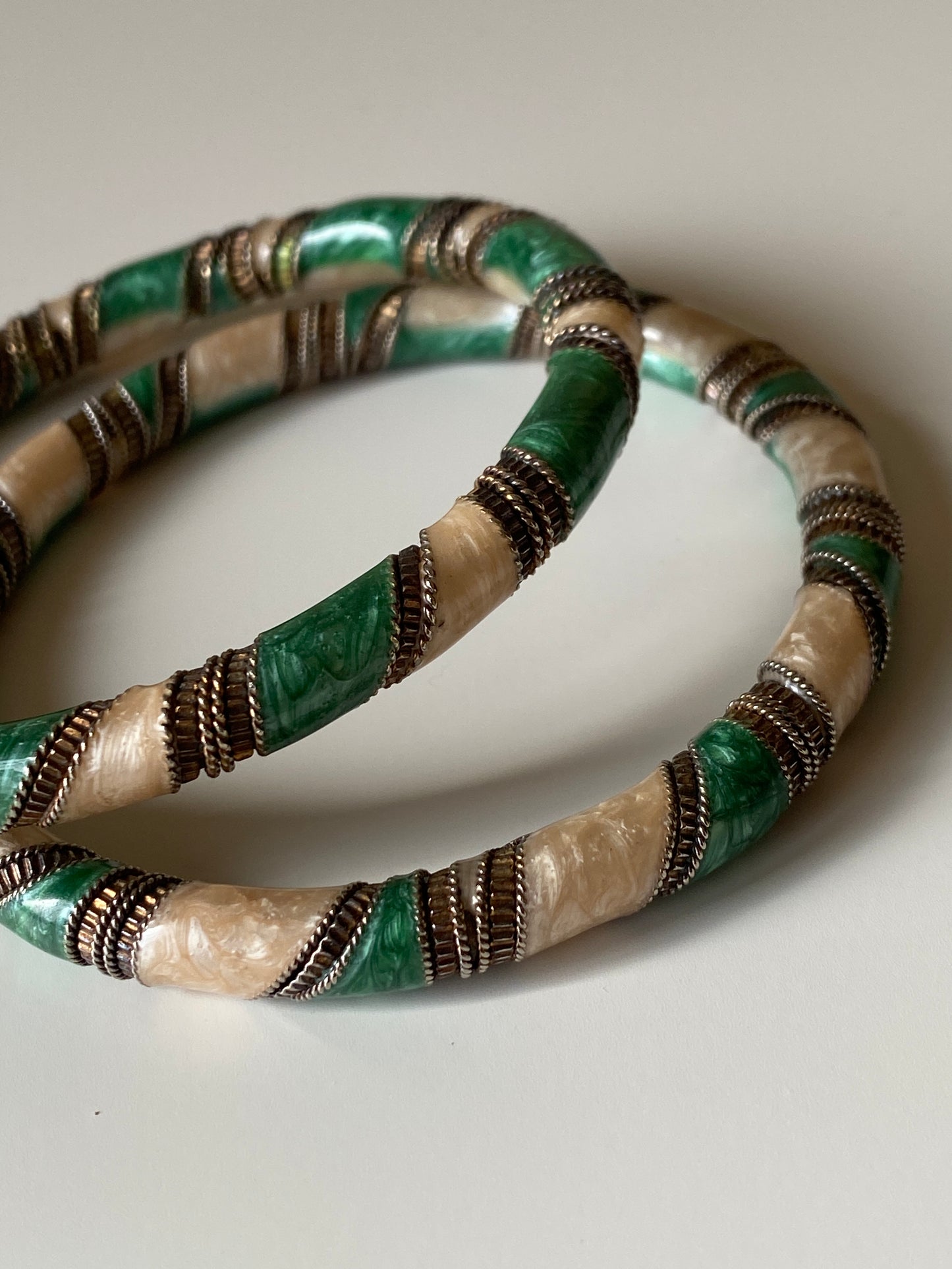 Vintage Green & Ivory Faux Malachite Rigid Bangles with Brass-Tone Detailing