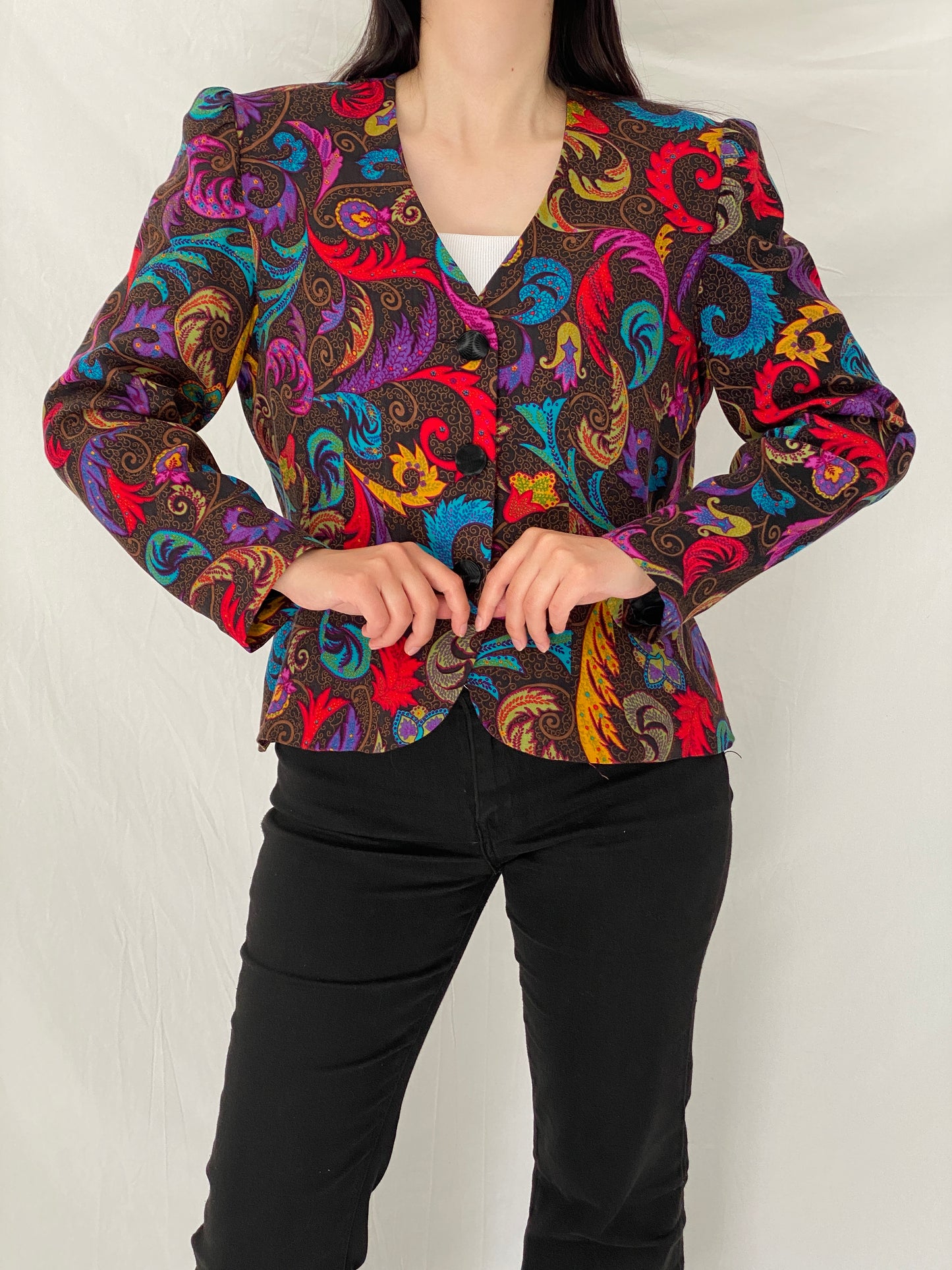 Vintage 90s Anne Crimmins for Umi Collections Pop Paisley Blazer Multicolor Statement Jacket – L