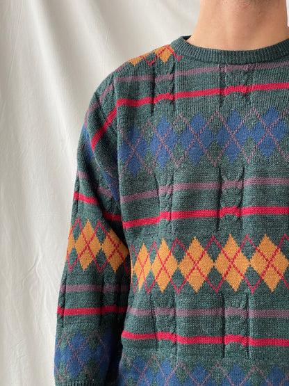 Vintage Peter Gribby Men’s Green Knitted Crew Neck Diamond Print Jumper Sweater - L