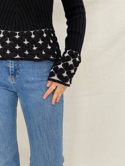 Vintage 90s Y2K Whisper Black Ribbed Knit Heart Trim Top Long Sleeve Fitted Sweater - M