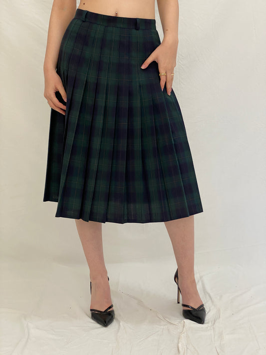 Vintage LADYS Preppy Green Plaid Tartan Clueless Pleated Midi Skirt - M