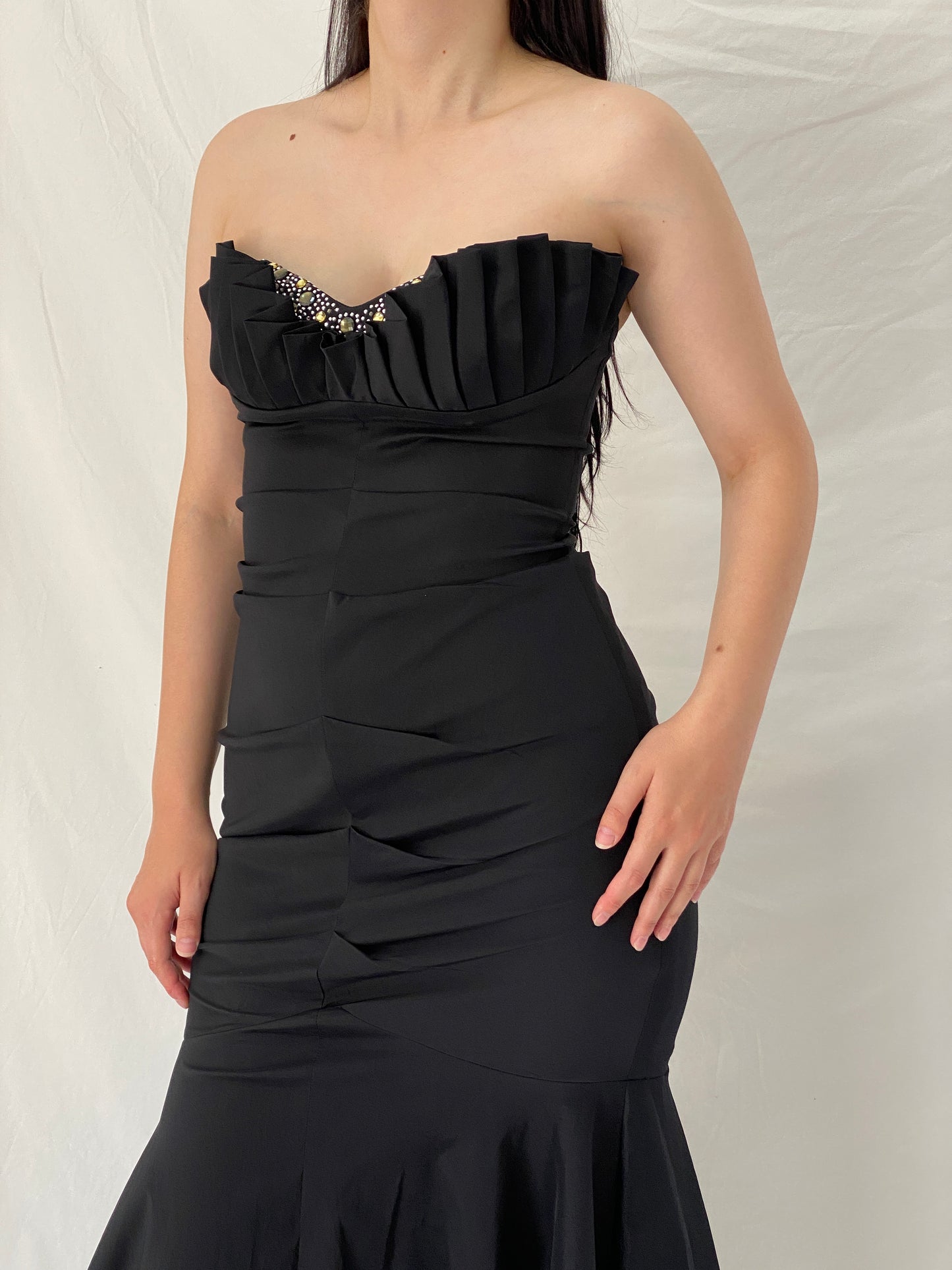 Vintage Betsy & Adam Black Beaded Bust Mermaid Evening Gown – M