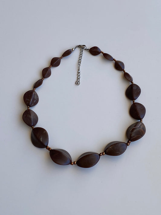 Vintage Y2K Chocolate Brown Sculptural Resin-Style Beaded Statement Necklace