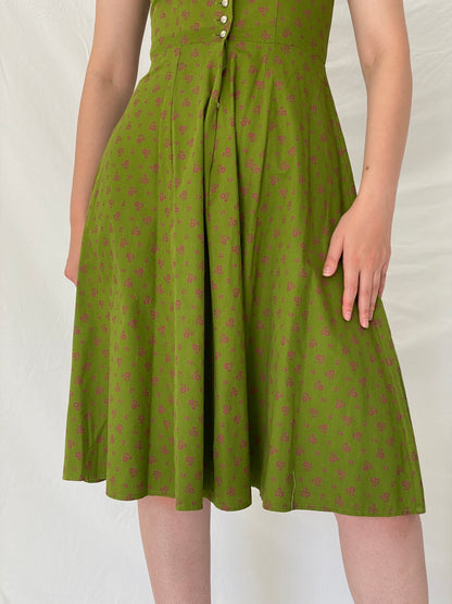 Vintage German Daller Tracht Green Cotton Floral Dirndl Folk Dress – S