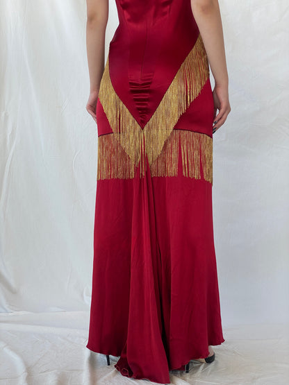 Absolutely Beautiful Ranjana Khan Burgundy Silk Gold Metal Fringe Sleeveless V-Neck Gown - S