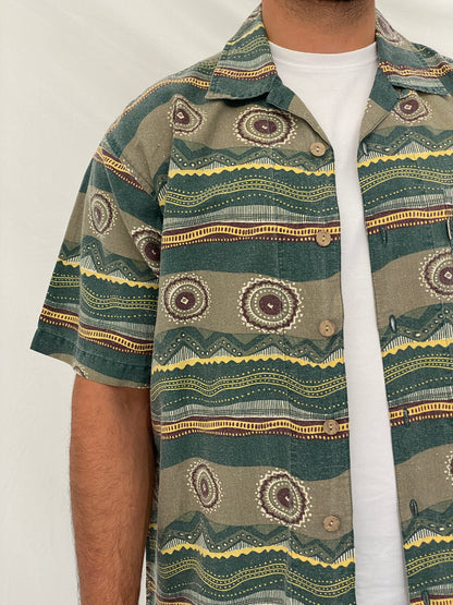 90s Bugle Boy Green Abstract Cotton Ramie Camp Shirt – M