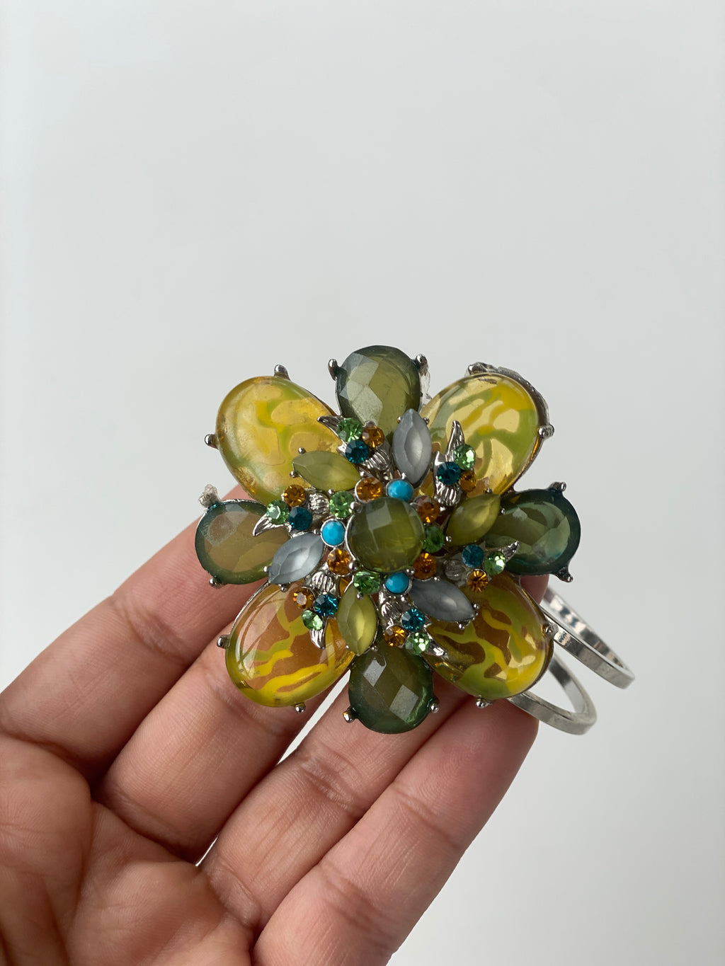 Statement Flower Design Rhinestone Silver Cuff Bracelet