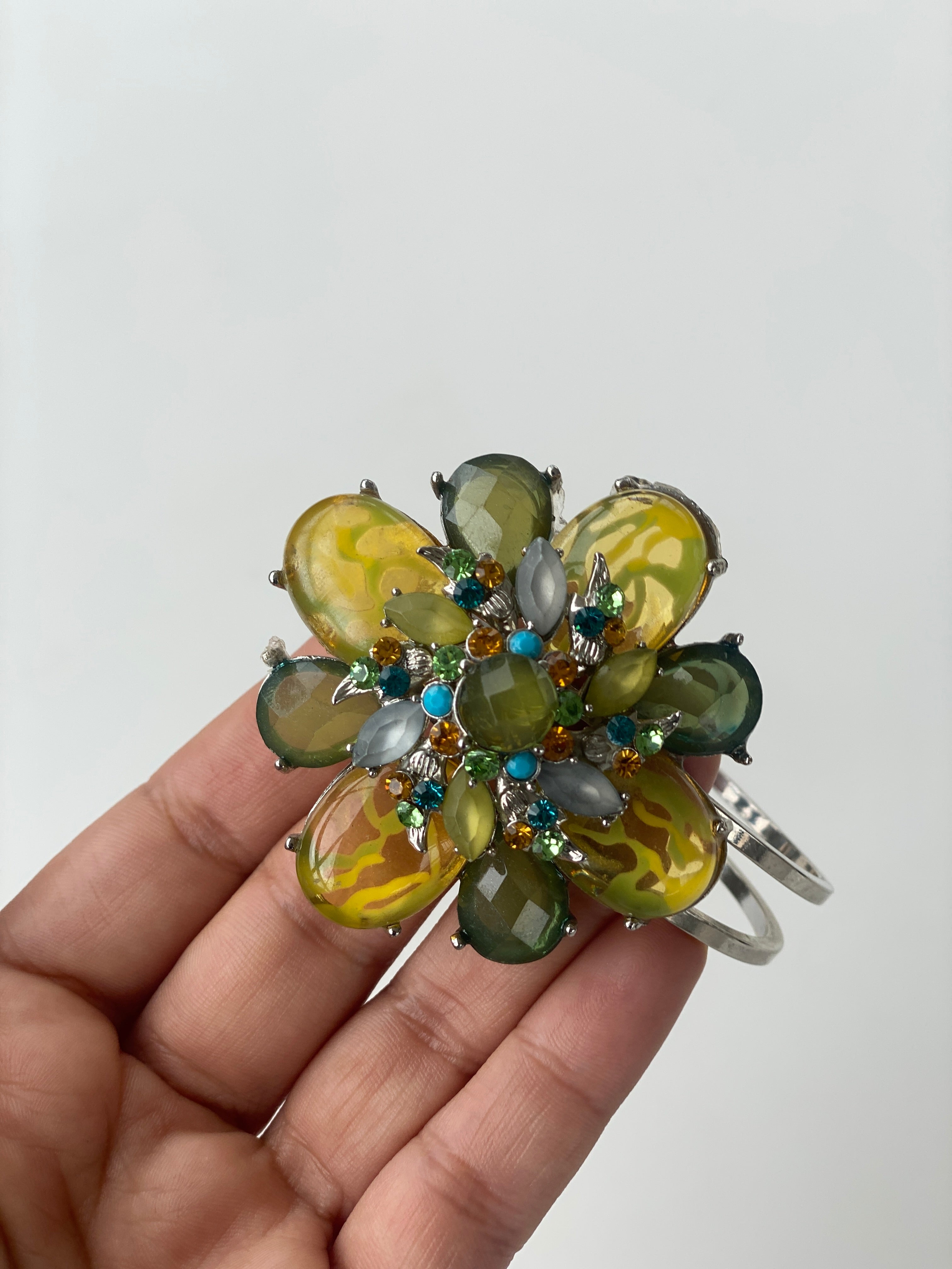 Statement Flower Design Rhinestone Silver Cuff Bracelet