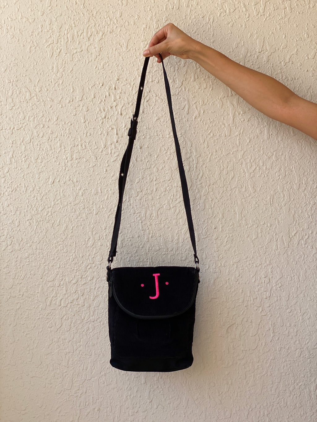 Y2K Thirty-One Black Corduroy Crossbody Bag with Pink Monogram J