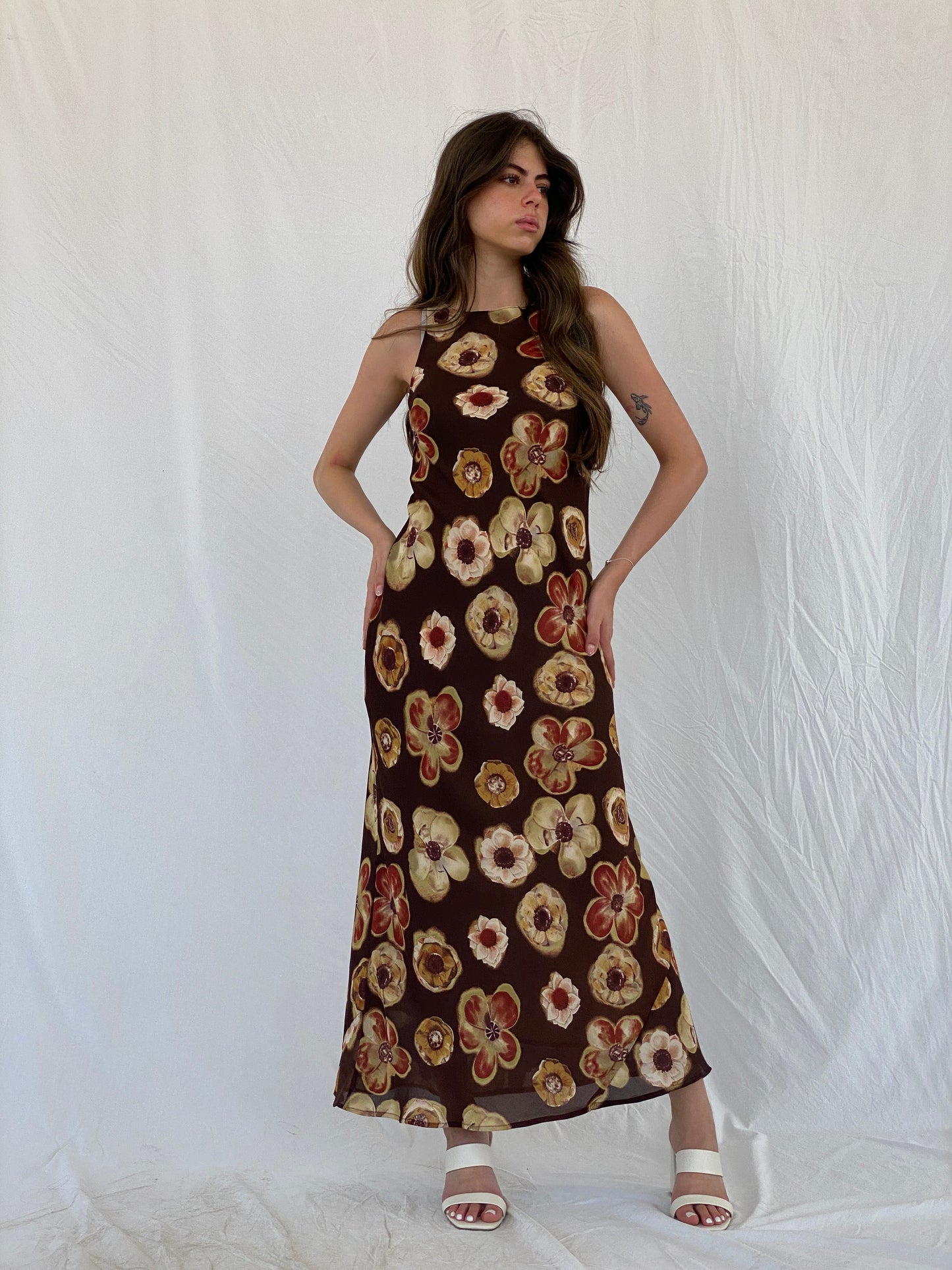 Vintage 90s PJLA Floral Brown Bodycon Sleeveless Maxi Dress - M