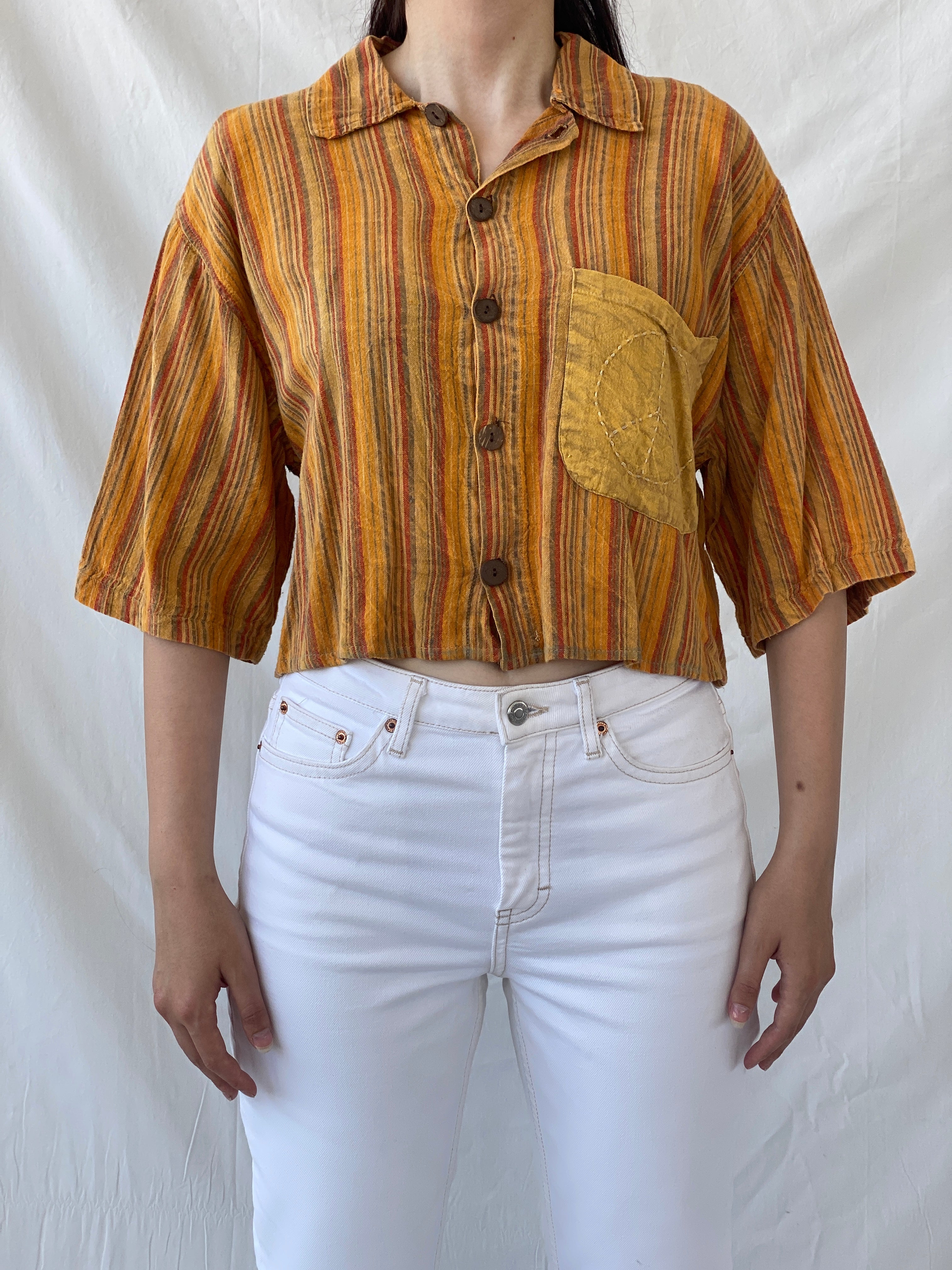 Vintage Kathmandu Imports Orange Striped Cropped Short Sleeve Shirt - M