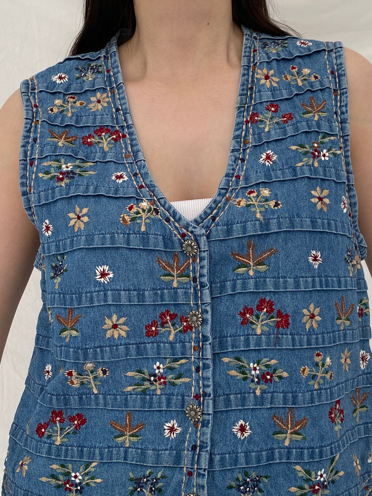 Vintage New Directions Boho Floral Embroidered Denim Vest - L Vintage New Directions Boho Floral Embroidered Denim Vest - L