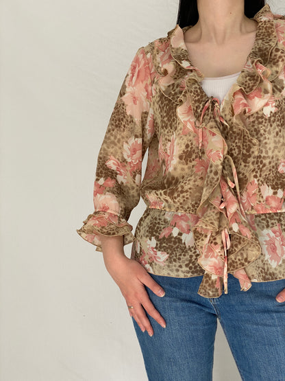 Vintage Y2K La Cara Mode Vögele Pink Brown Floral & Leopard Print Ruffle Front Tie Blouse - XL
