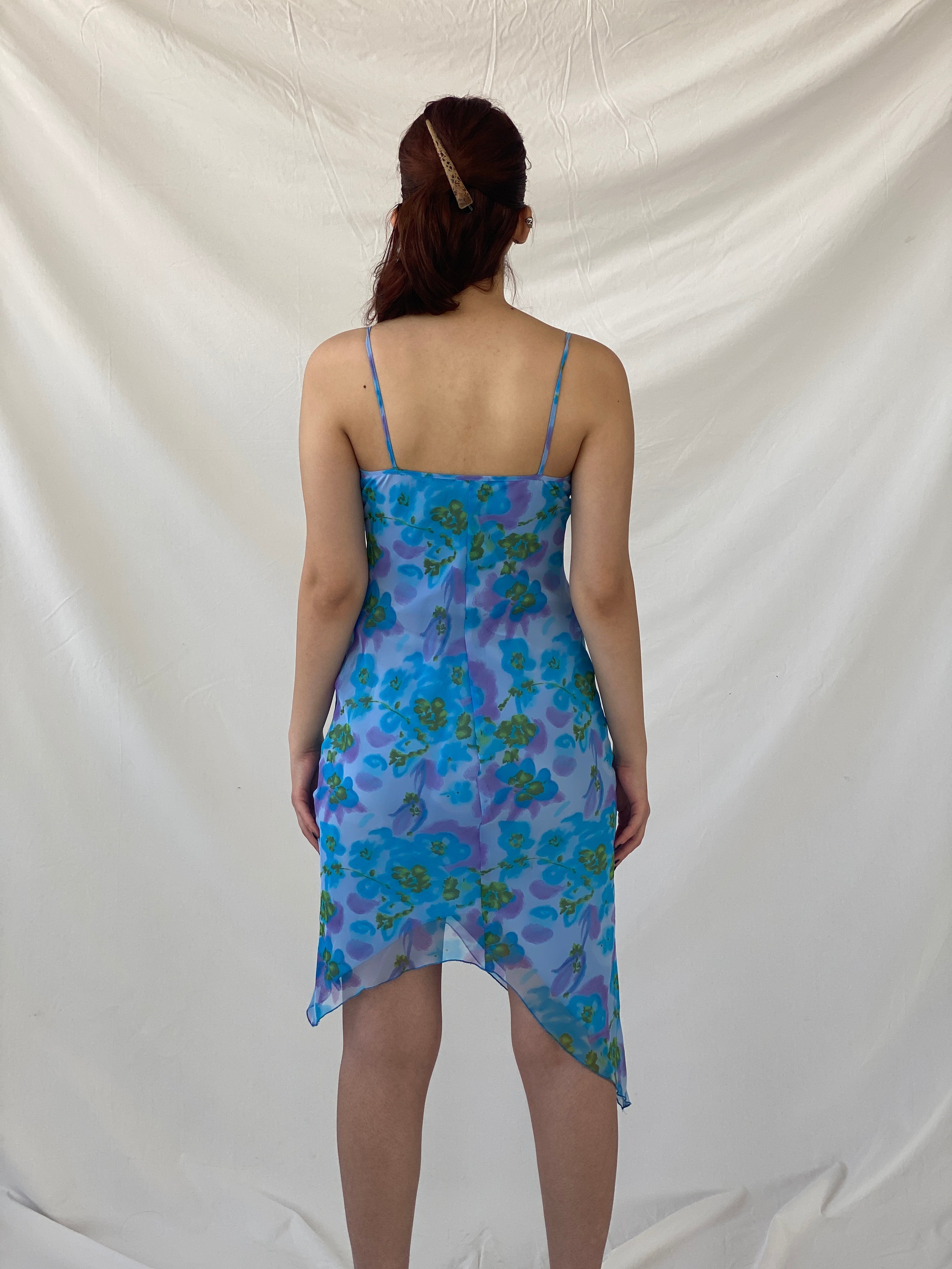 Y2K Studio Soleil Blue Floral Midi Asymmetric Hem Dress - S