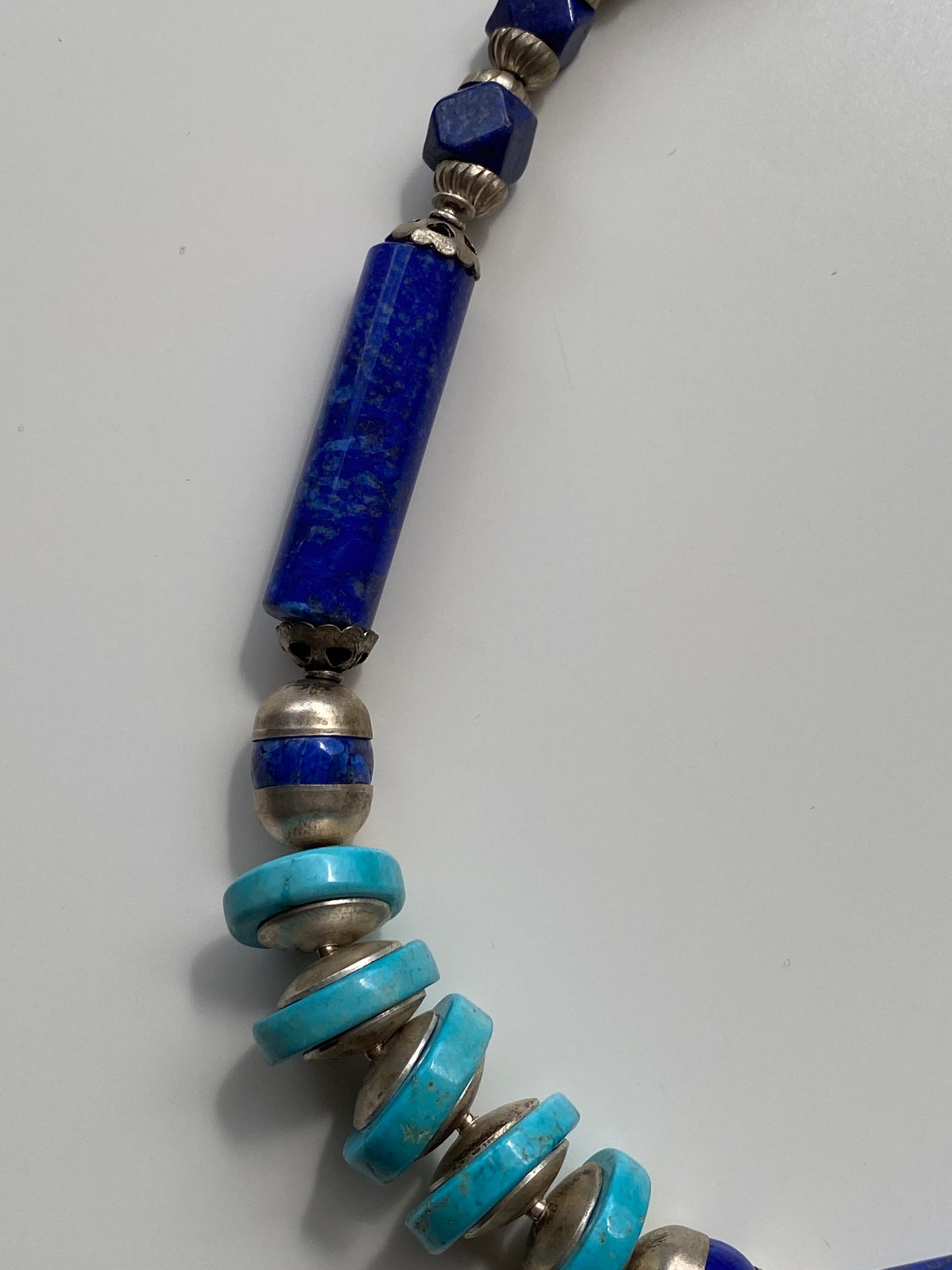 Vintage Lapis Lazuli & Turquoise Stone Beaded Necklace with Silver Spacers