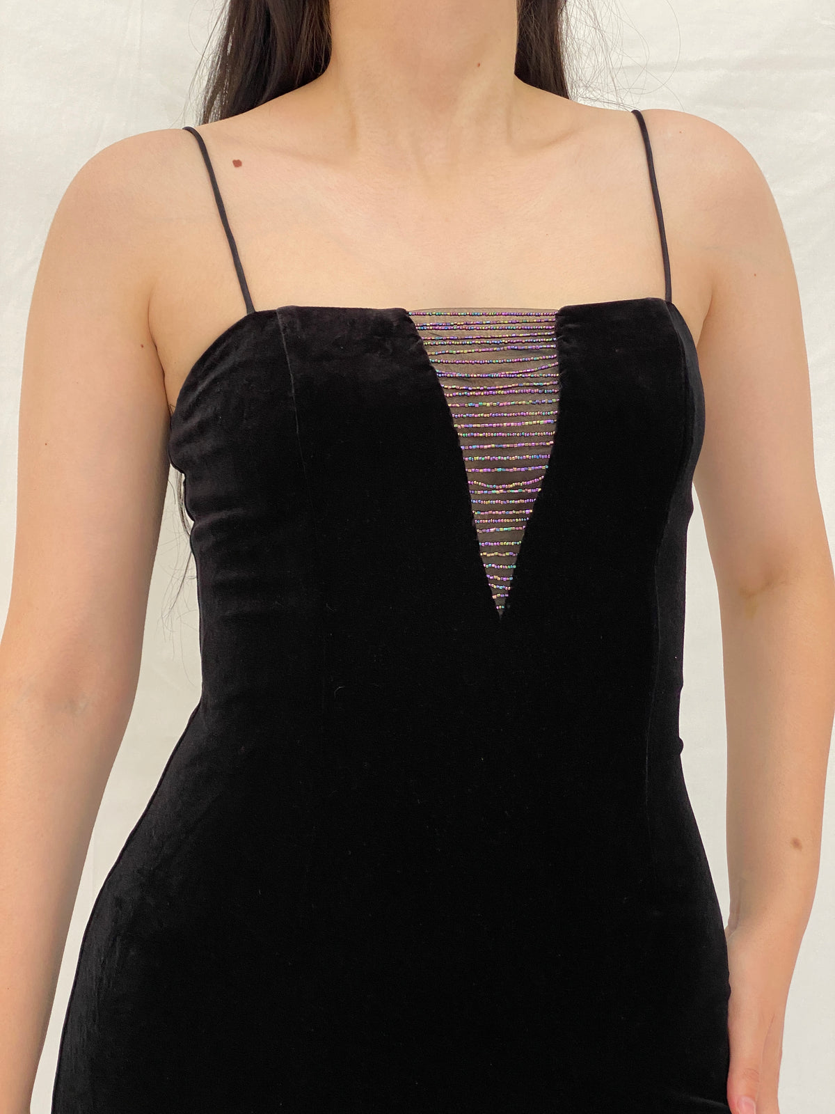 Vintage Betsey & Adam by Jaslene Black Velvet Beaded Illusion Evening Gown – S Vintage Betsey & Adam by Jaslene Black Velvet Beaded Illusion Evening Gown – S