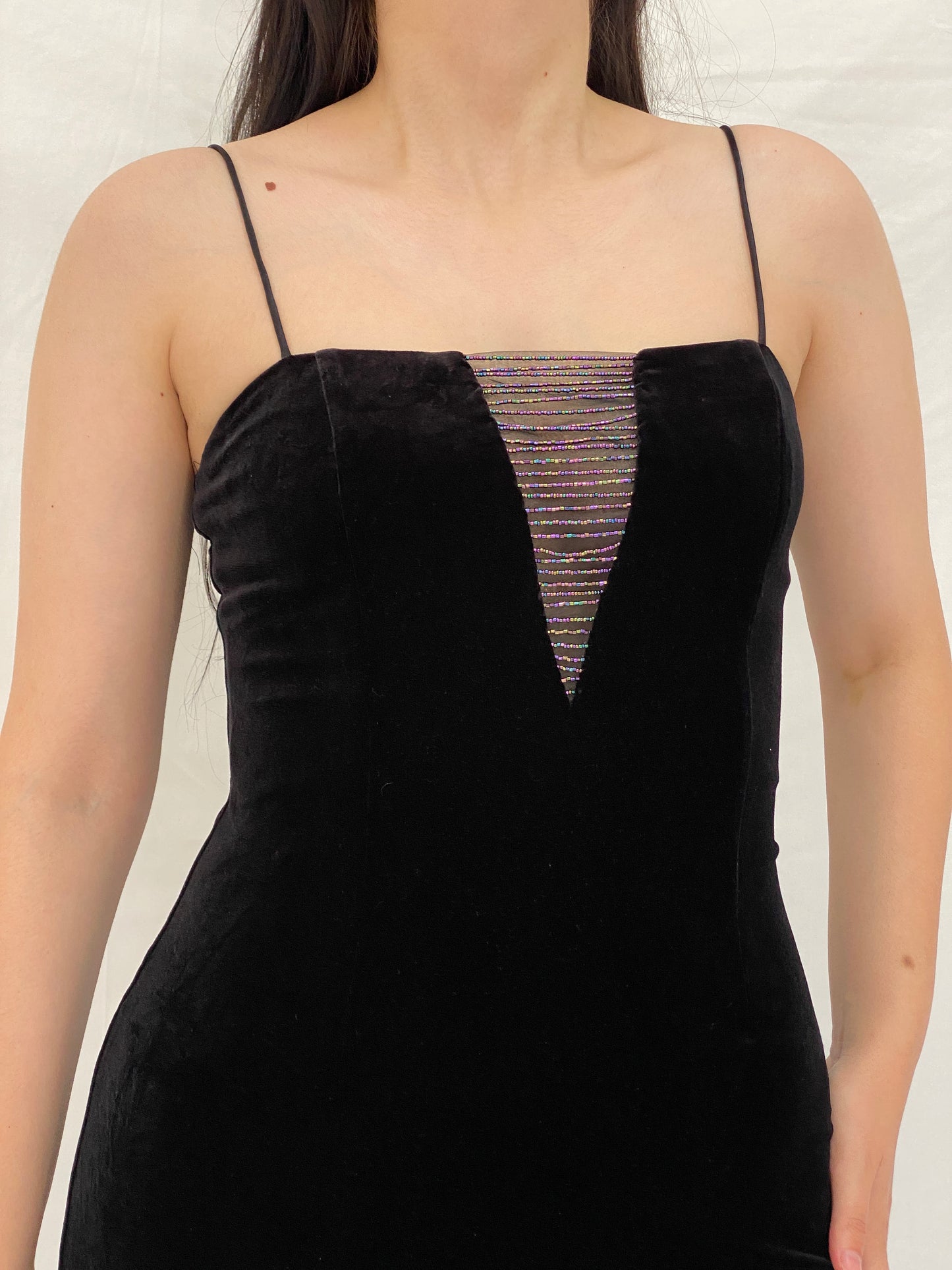 Vintage Betsey & Adam by Jaslene Black Velvet Beaded Illusion Evening Gown – S