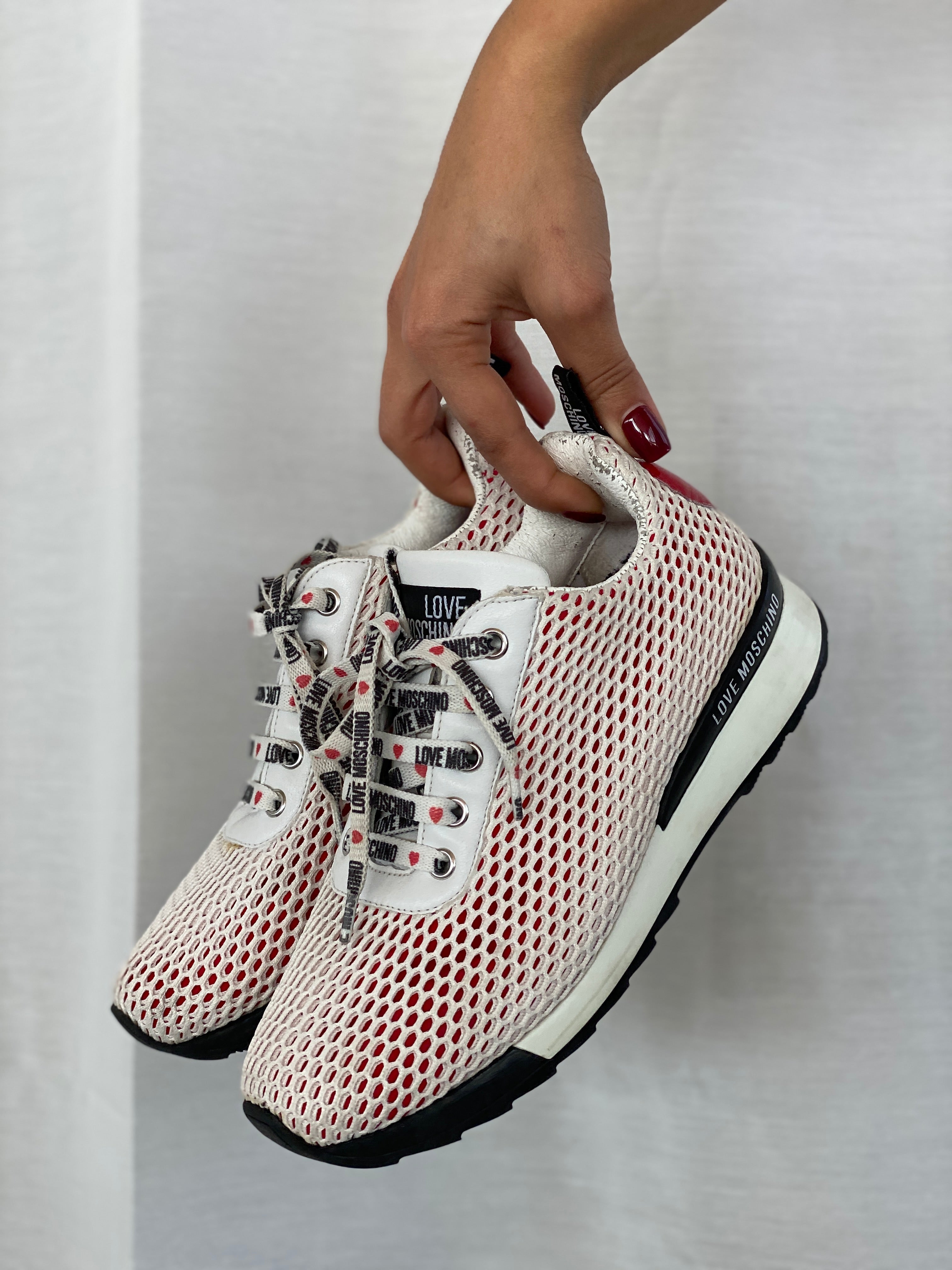 Love Moschino Women‘s White Sneakers With A Red Heart On Back - 37EUR