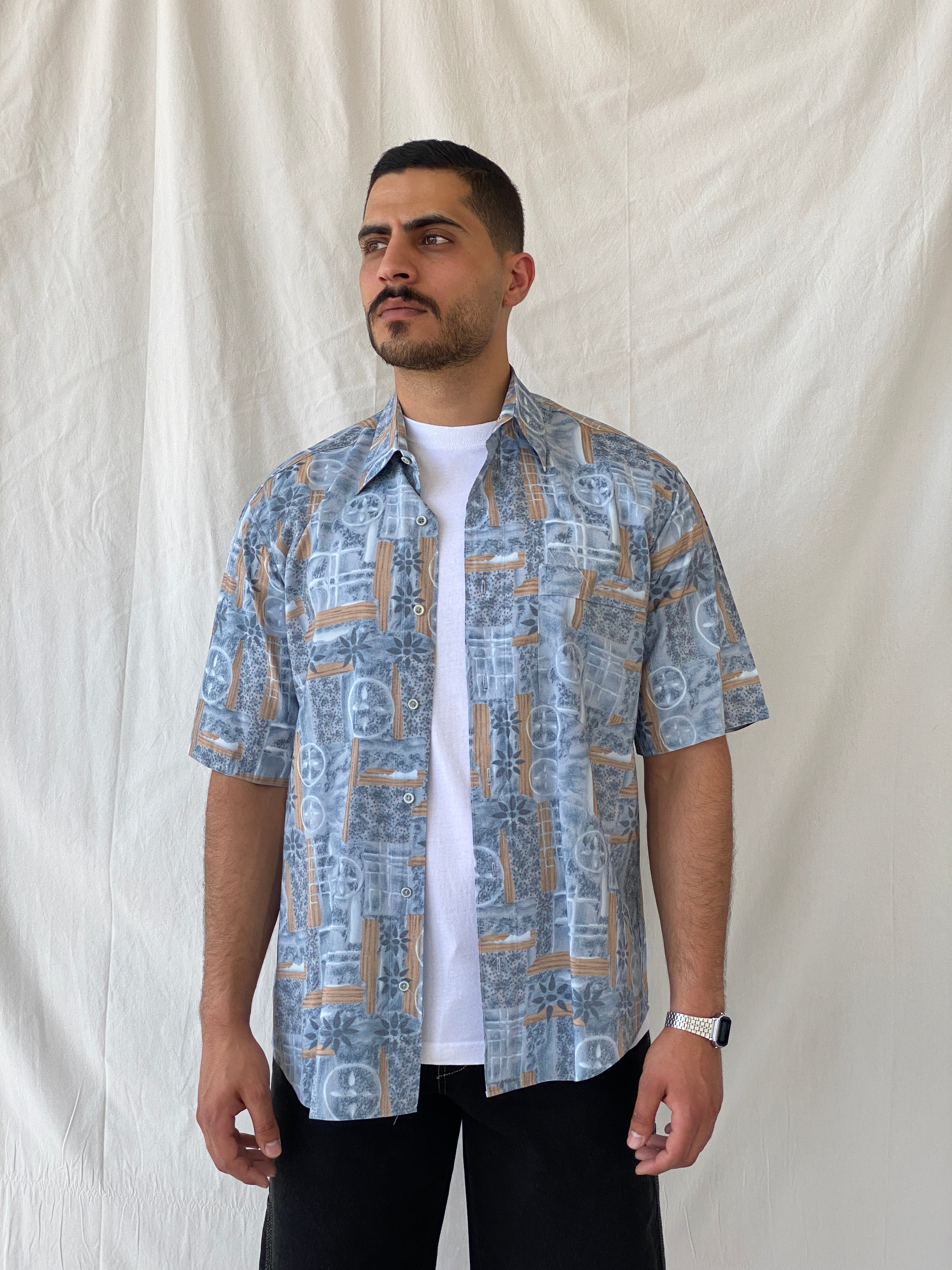 Vintage Tradizioni Moores Blue Printed Short Sleeve Button Up Men’s Shirt - L