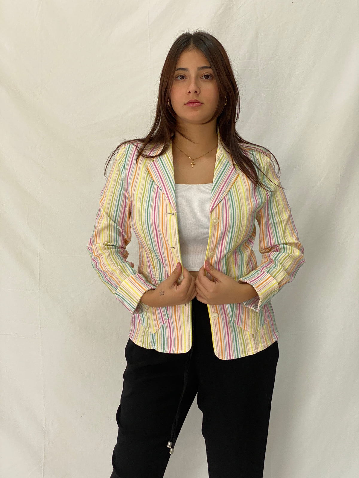Vintage Y2K Preppy Verse Pastel Striped Rainbow Blazer - S Vintage Y2K Preppy Verse Pastel Striped Rainbow Blazer - S