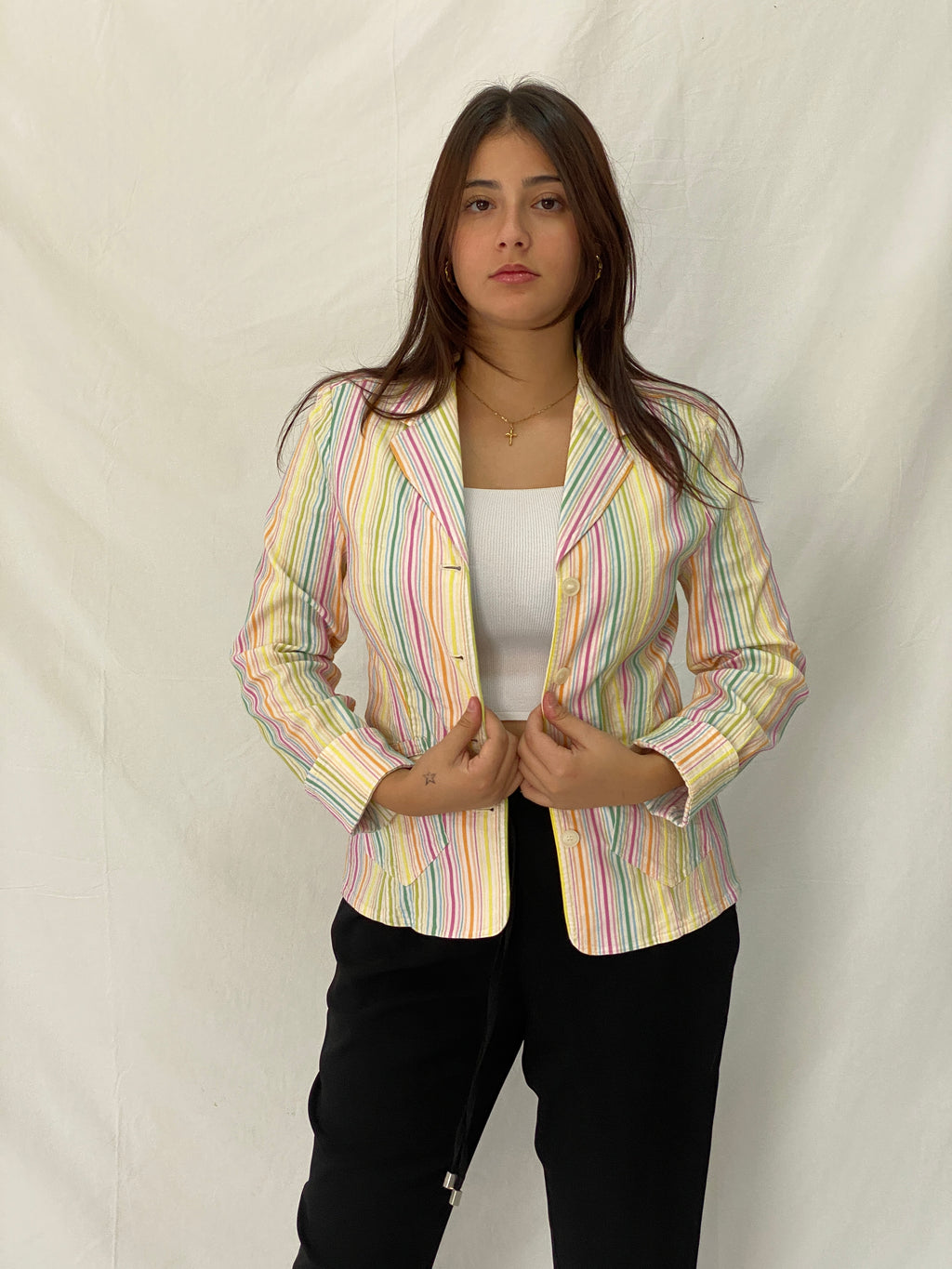 Vintage Y2K Preppy Verse Pastel Striped Rainbow Blazer - S