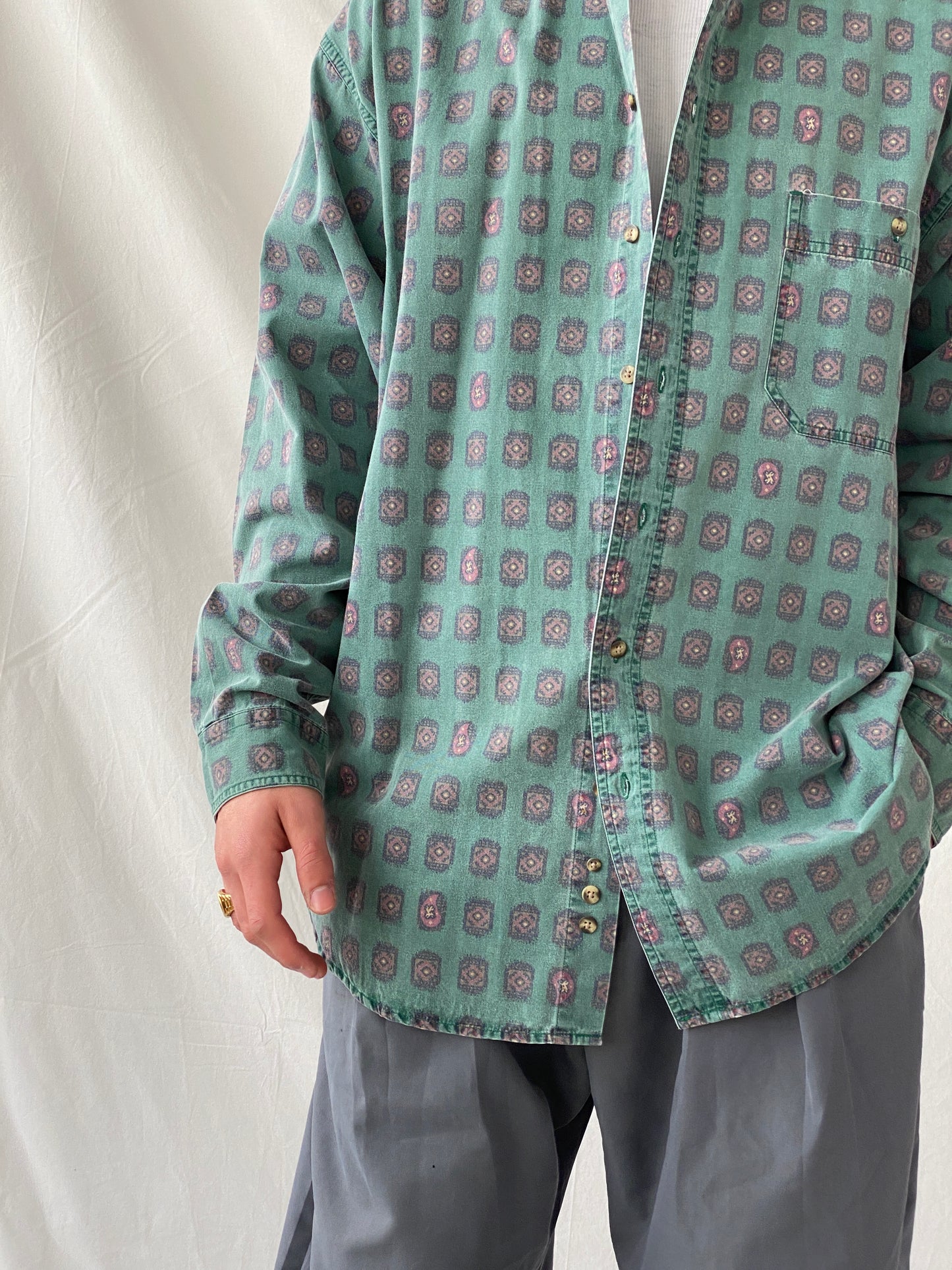 Vintage 90s Eddie Bauer Men’s Long Sleeve Button Down Printed Cotton Shirt - XL