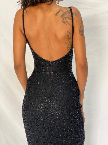 Vintage Y2K Scala Black 100% Silk Beaded Sheer Waist Evening Midi Dress - S